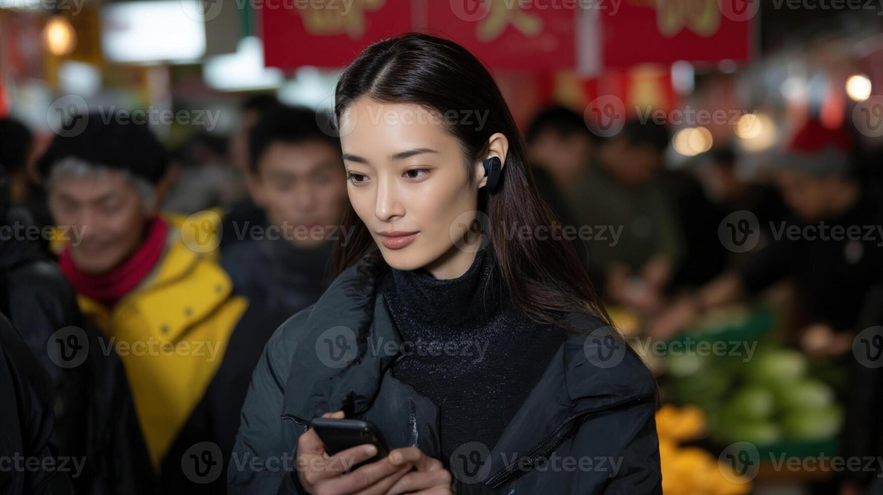 A user interacting with a compact voiceactivated wearable translating phrases instantly while walking through a crowded market highlighting lowlatency performance photo
