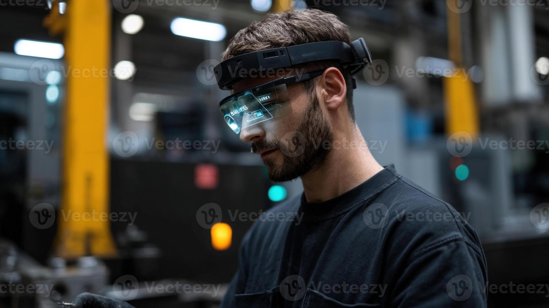 An engineer in a factory wearing augmented reality glasses overlaying visual data projections that indicate machinery health and predict upcoming maintenance needs photo