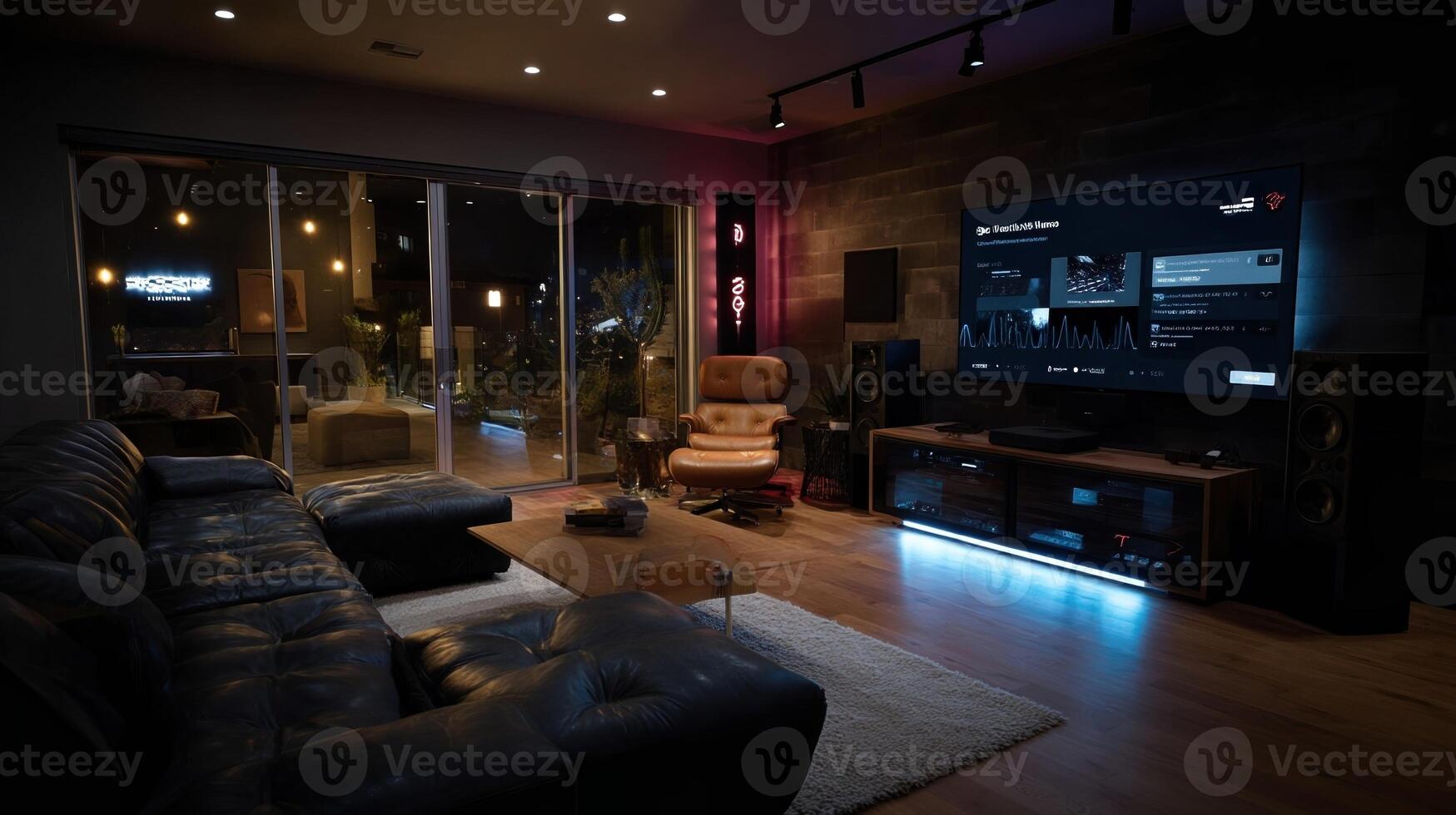 A modern home entertainment room where an AGI intelligently analyzes background noise from outside and modulates audio settings for an immersive sound experience using virtual photo