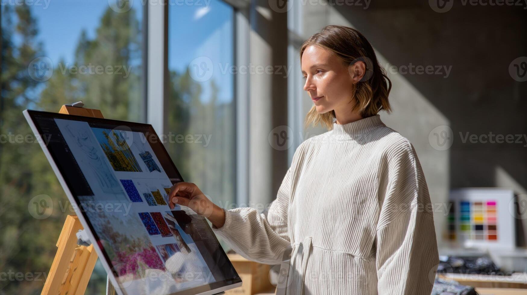 In a sunlit space an AGI tutor hovers beside a digital easel projecting holographic diagrams of sewing patterns and fabric swatches helping a beginner understand how to and assembl photo