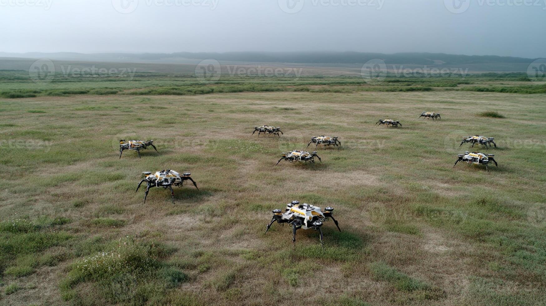 A robotic swarm engaging in a simulated searchandrescue mission within a vast open field demonstrating their ability to respond quickly to changing conditions adapting their strategie photo