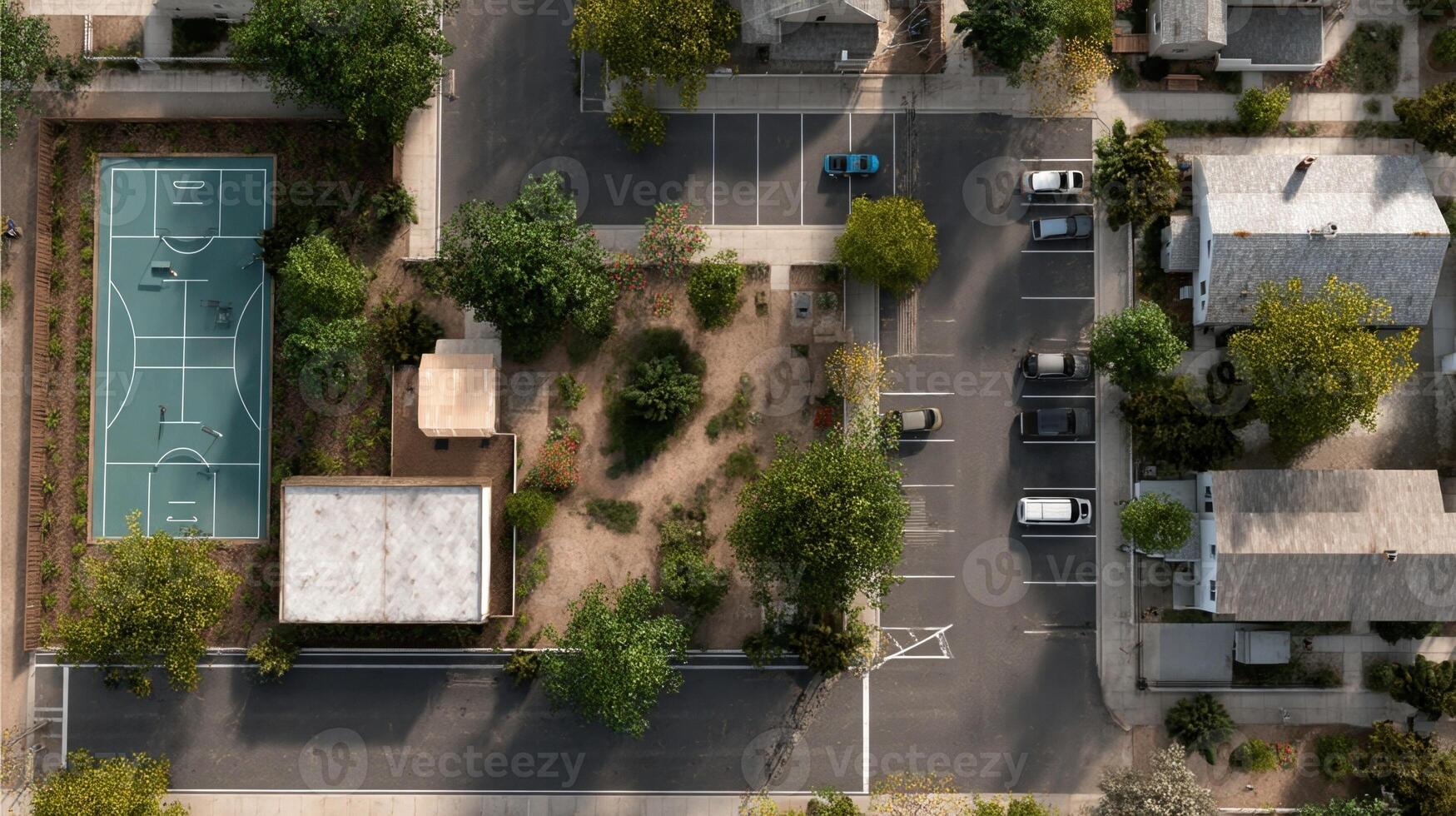 An overhead view of a quiet neighborhood block where small s of players engage in themed scavenger hunts utilizing mobile devices to uncover hidden clues and prompts that bridge thei photo