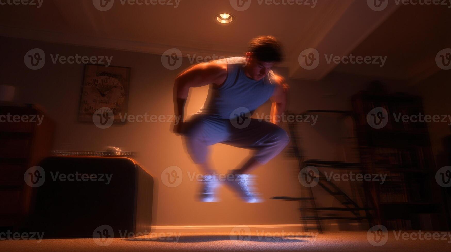 Determined man performing energetic jump exercise in home gym photo