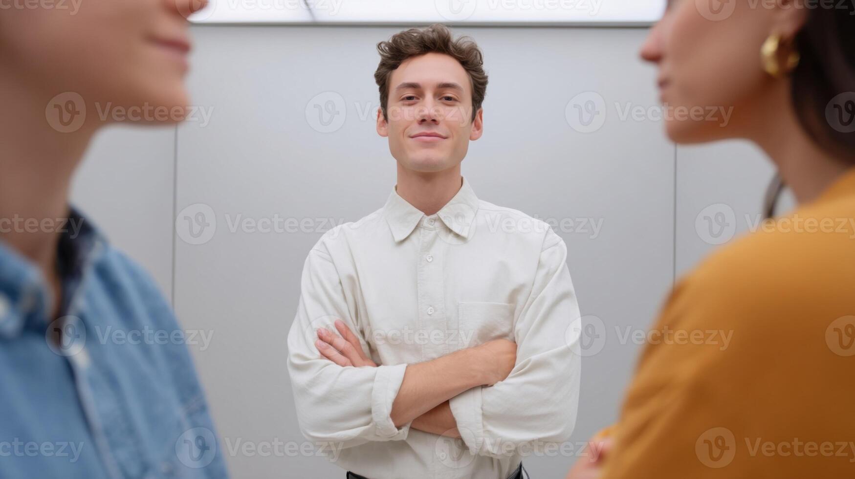 A participant stands confidently at the center of a modern publicspeaking booth interacting with AGI avatars who portray skepticism and critique through crossed arms and raised eyebrow photo