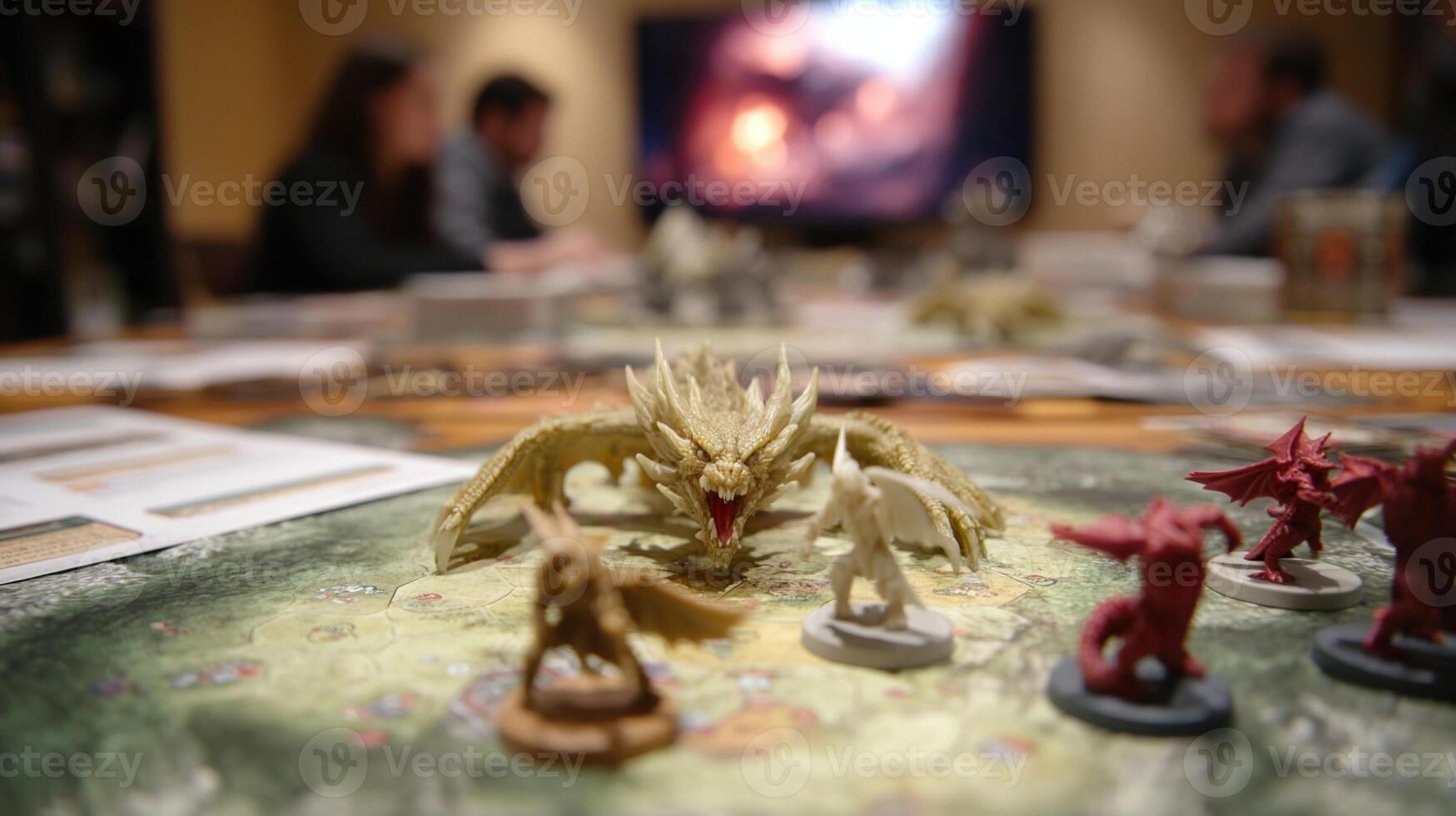 Golden dragon miniature attacking fantasy role playing game characters photo