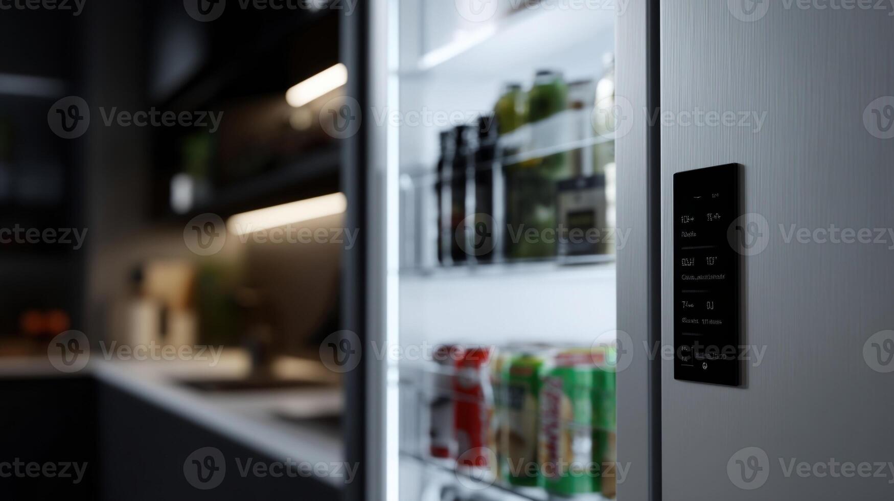 A minimalist fridge door covered with digital touch panels presenting a quick overview of the users daily calorie intake and remaining healthy options triggering notifications as th photo