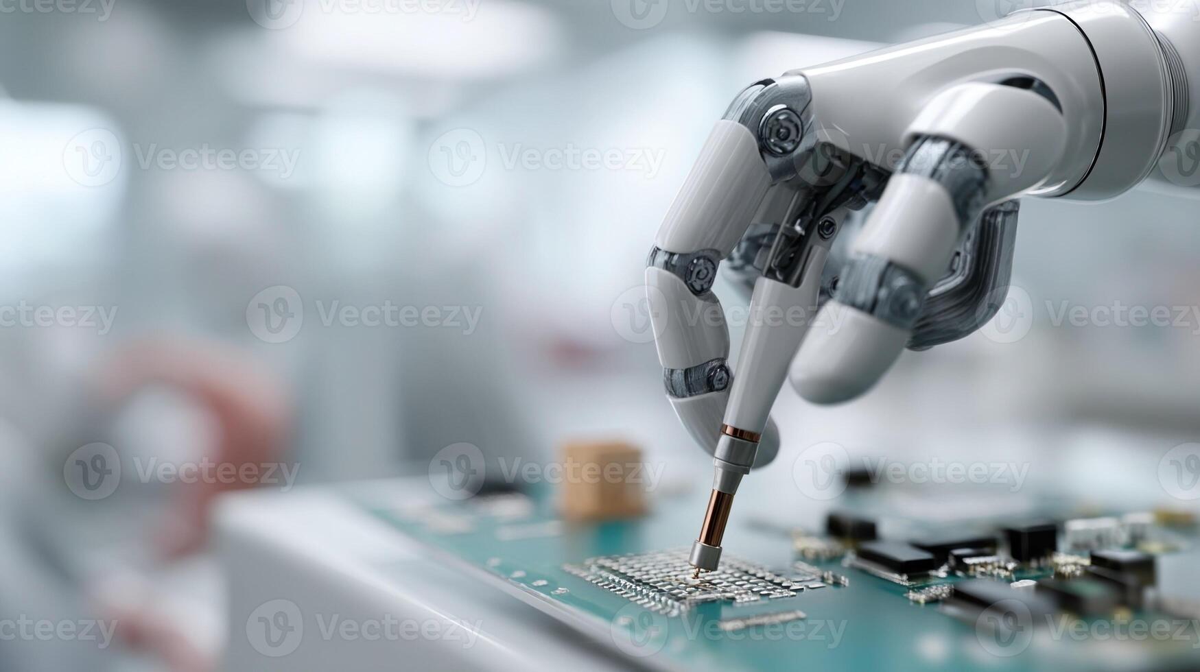 An illustration of a robot in a lab environment equipped with advanced haptic feedback gloves skillfully assembling tiny electronic components on a circuit board with a focus on photo