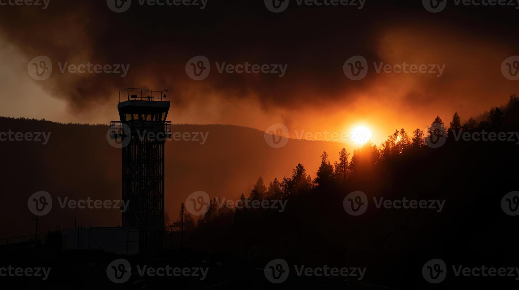 A dramatic sunset scene featuring a lookout tower silhouetted against bright orange and yellow smoke clouds representing the interface of technology and nature in wildfire observation photo