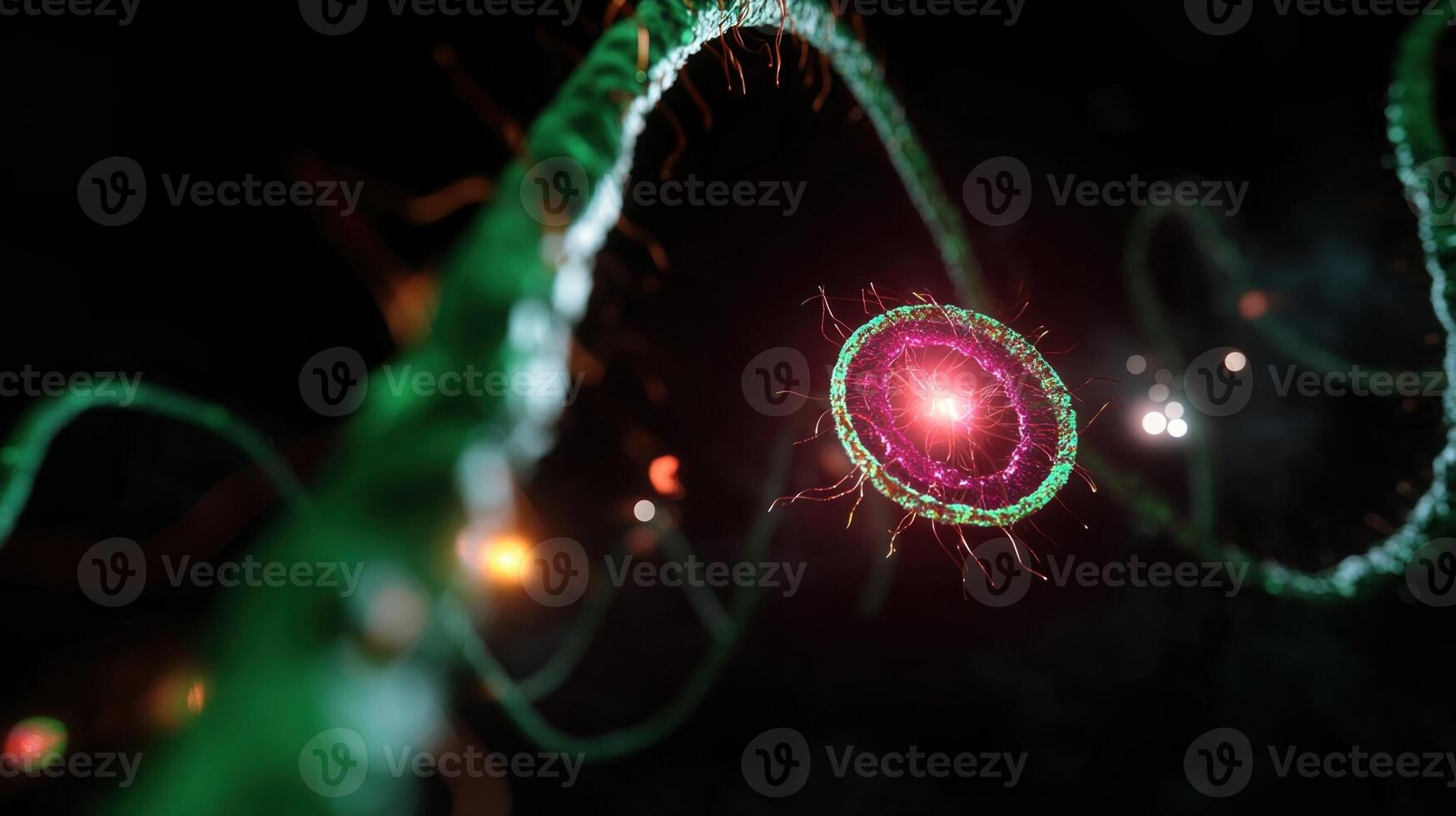 An immersive VR experience highlighting the nucleolus surrounded by chromatin featuring bright fluorescent colors that reveal the complex structure and organization of genetic material photo
