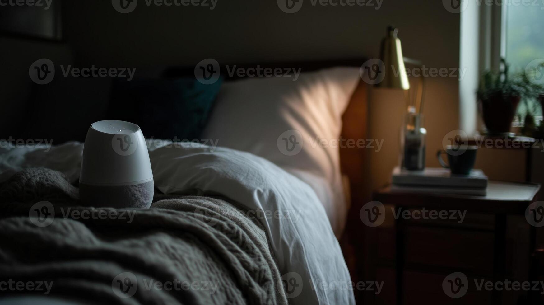 An interior shot focusing on a tranquil bedroom setting where a radar sleep monitor quietly operates in the background enhancing the atmosphere of restful slumber photo
