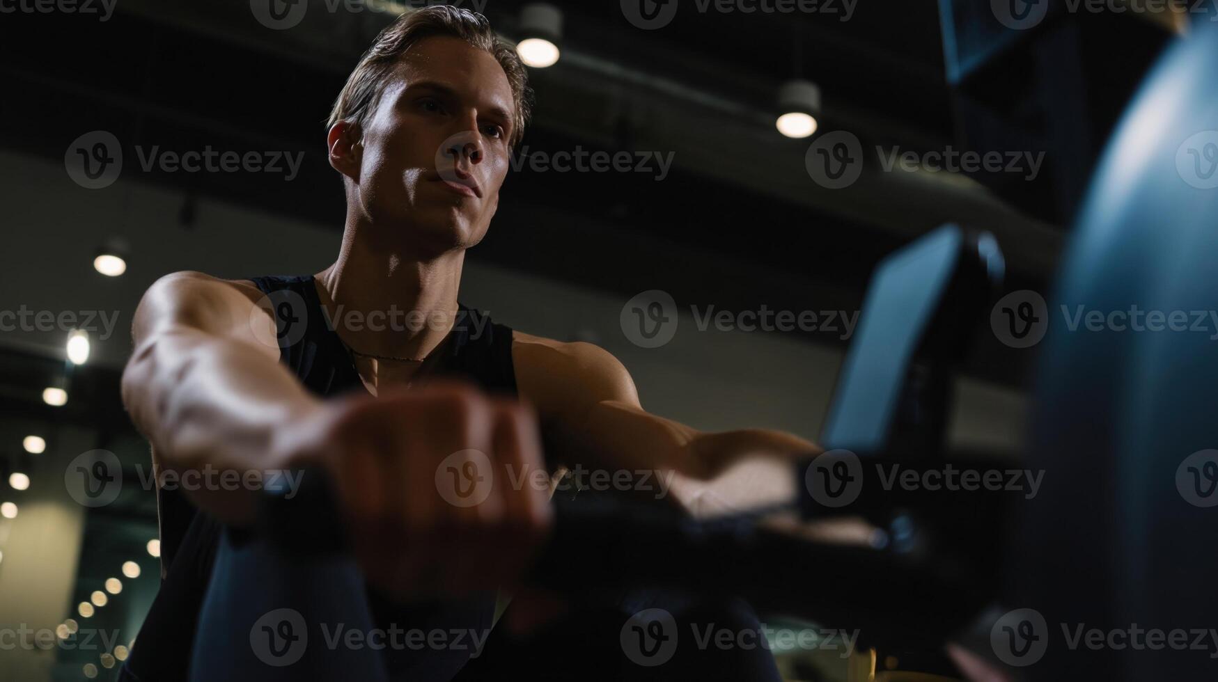 A fitness enthusiast is focused on their workout as an advanced rowing machine autocalibrates resistance levels in realtime by accessing cloudstored fitness goals and capabilities photo