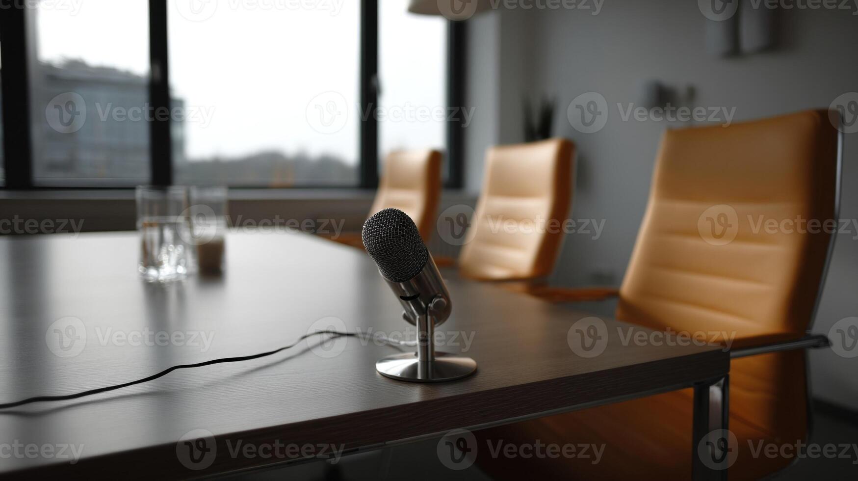 An empty consultation room with modern furnishings highlighting a microphone set up on the desk symbolizing handsfree voice AI scribing for private medical discussions photo