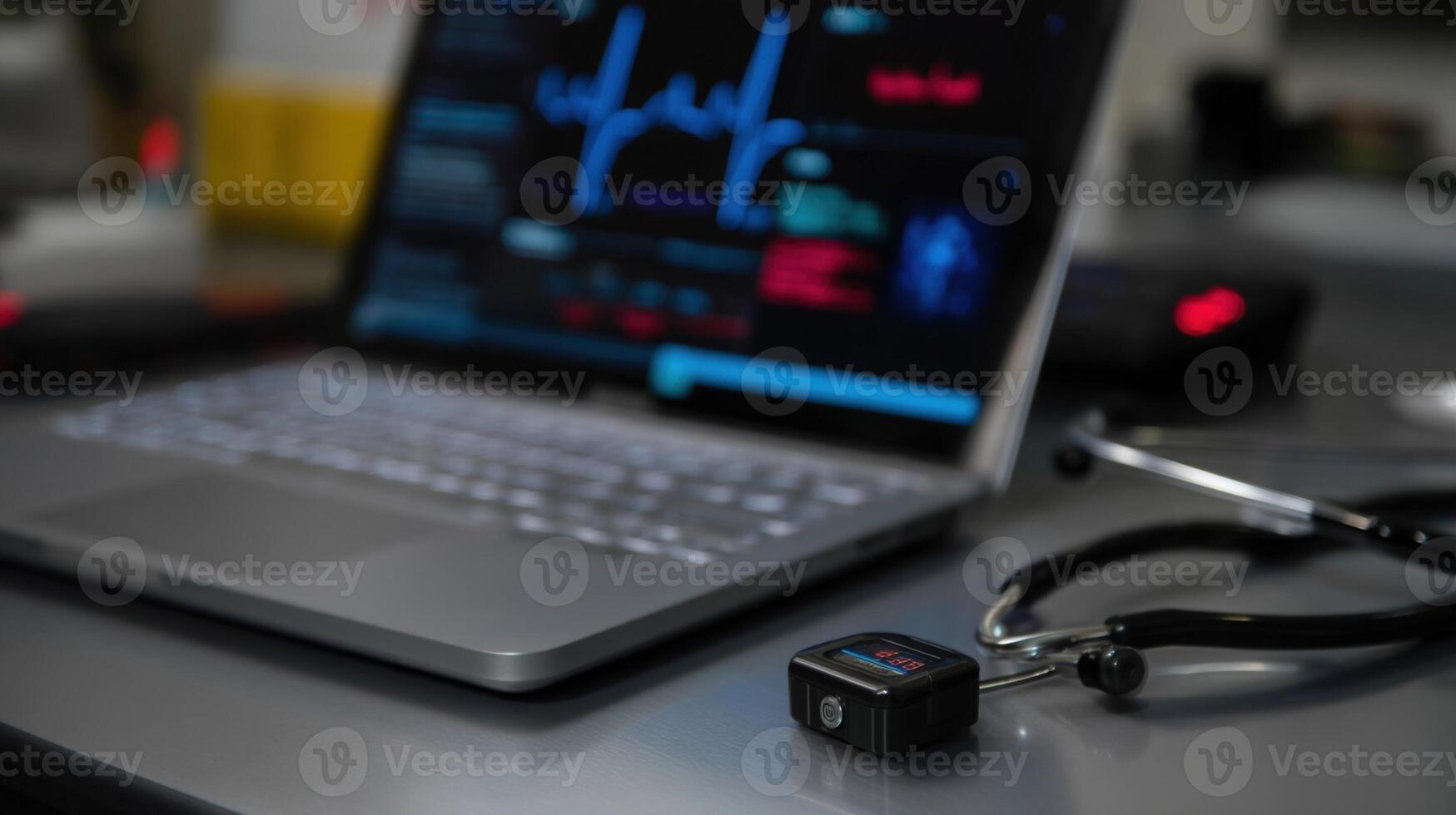 An overhead view of a modern clinic desk featuring a digital stethoscope connected via Bluetooth to a laptop with a screen displaying patient heart data being recorded photo