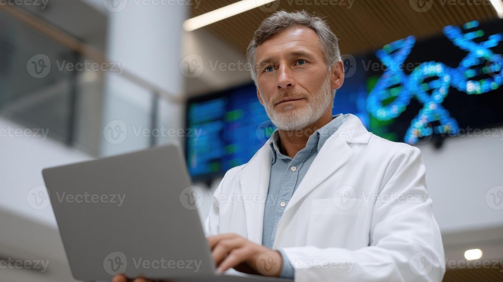 A scientist in a white lab coat analyzing nanopore sequencing outputs on a laptop with graphical representations of genomic variants in the background showcasing the intersection o photo