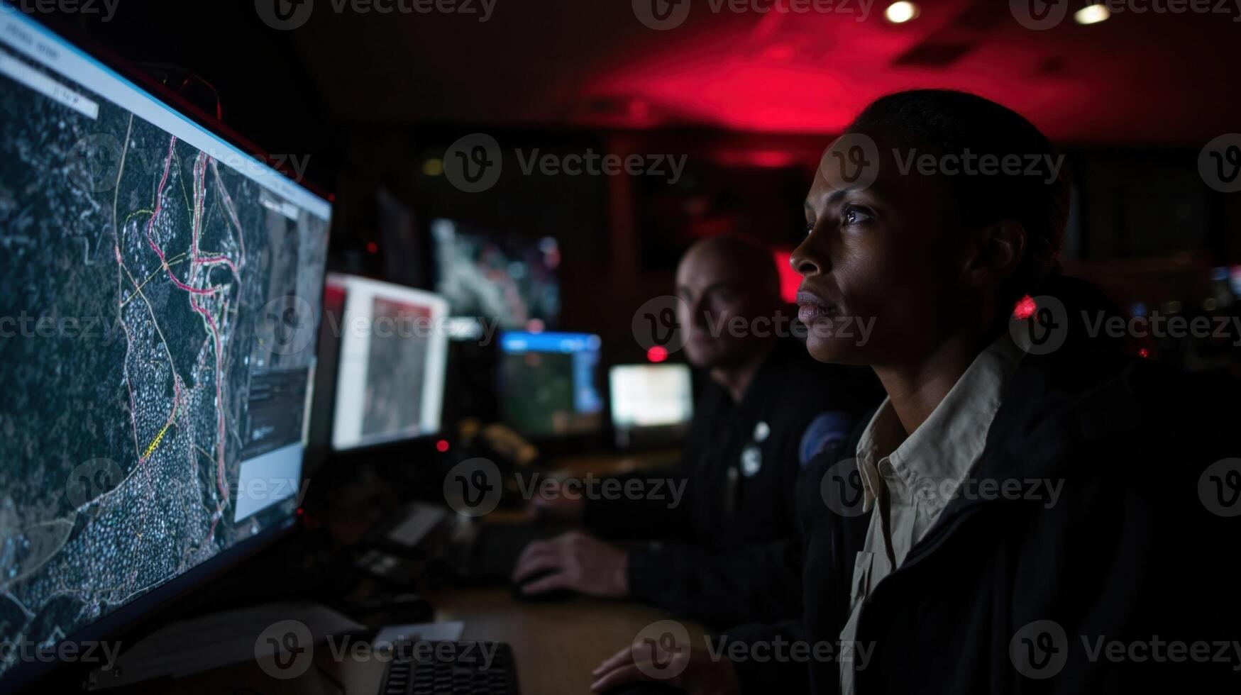 A scene inside a command center filled with screens displaying realtime traffic data and evacuation routes where AGI algorithms calculate optimal paths and instantly update LED roa photo