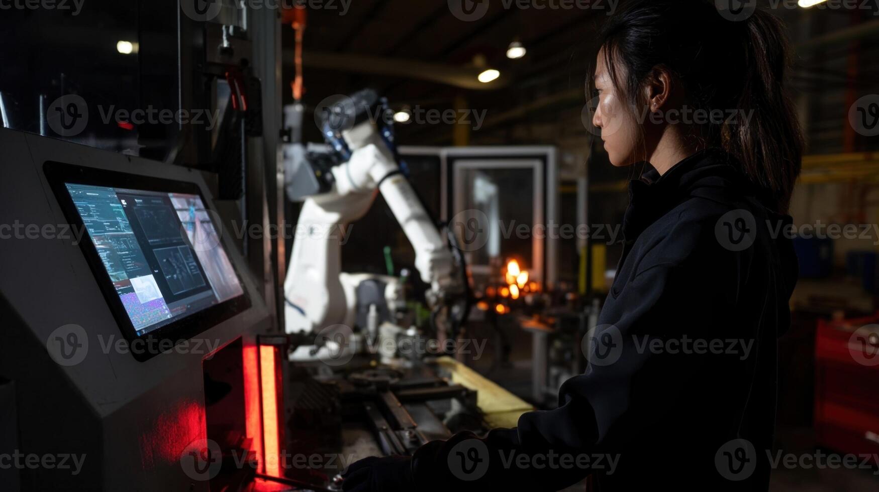 A workstation equipped with a touchscreen console and motion sensors capturing the interaction between human gestures and the robots response illustrating the integration of technolog photo