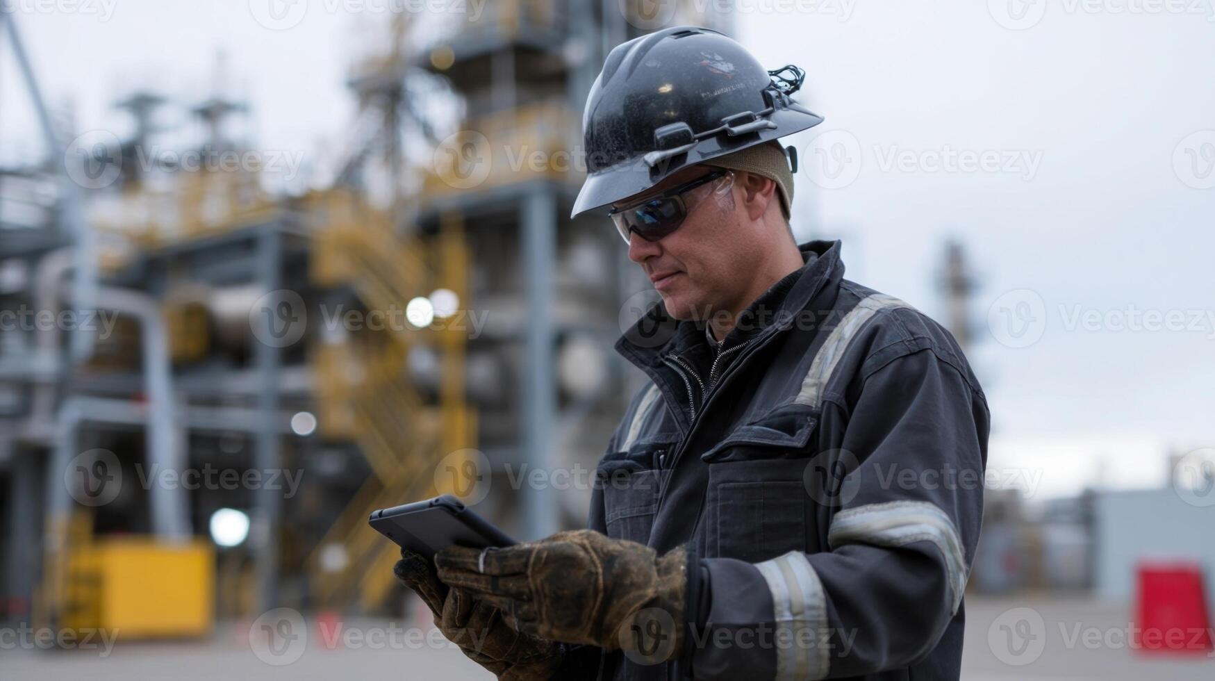 A refinery technician using a digital tablet synced with their smart PPE receiving instant alerts about equipment malfunctions or personnel presence in critical zones photo