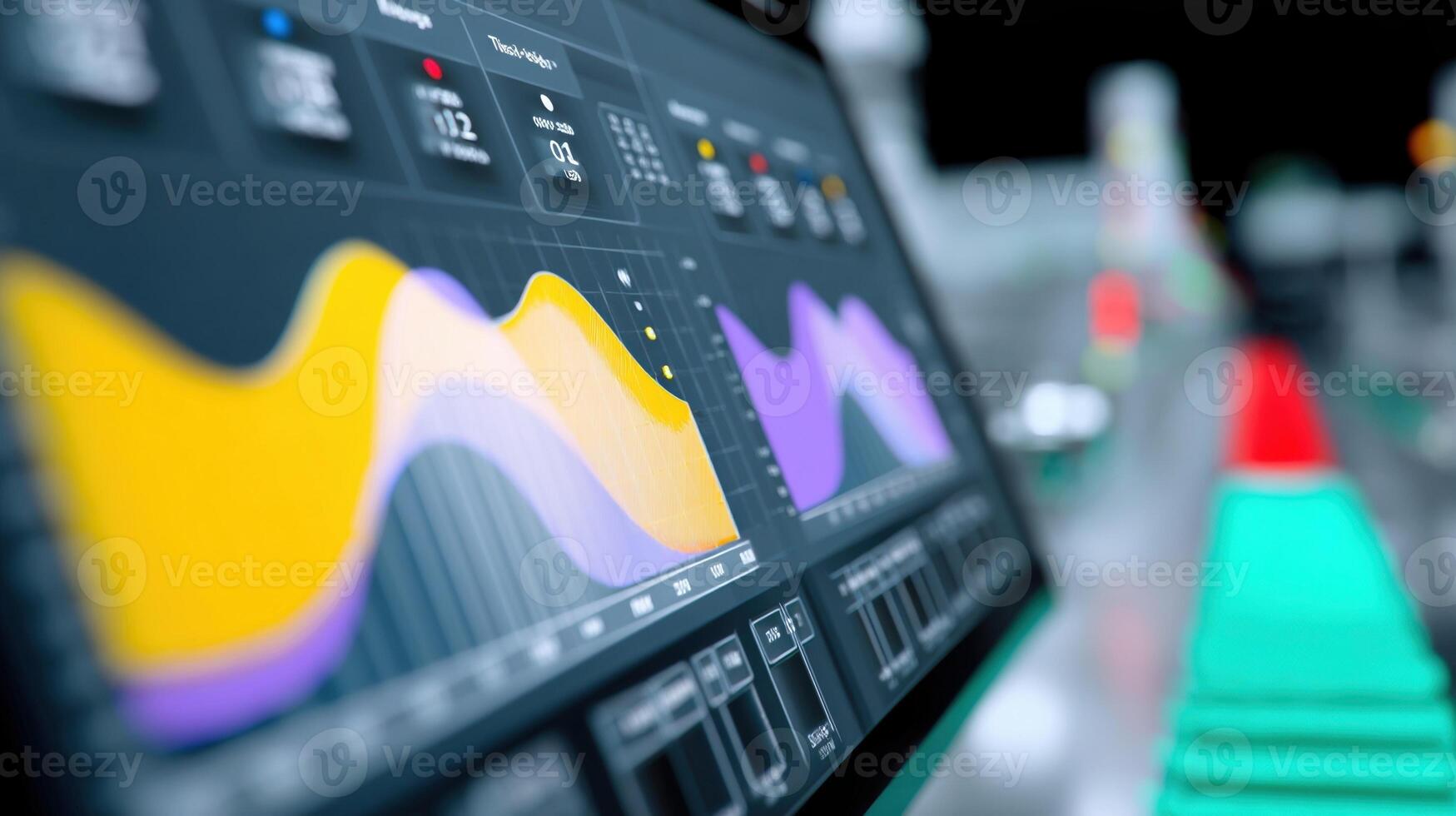 A closeup of a computer interface showing an AIpowered scheduler dynamically balancing workload across multiple production lines with graphs and metrics indicating efficiency and tim photo