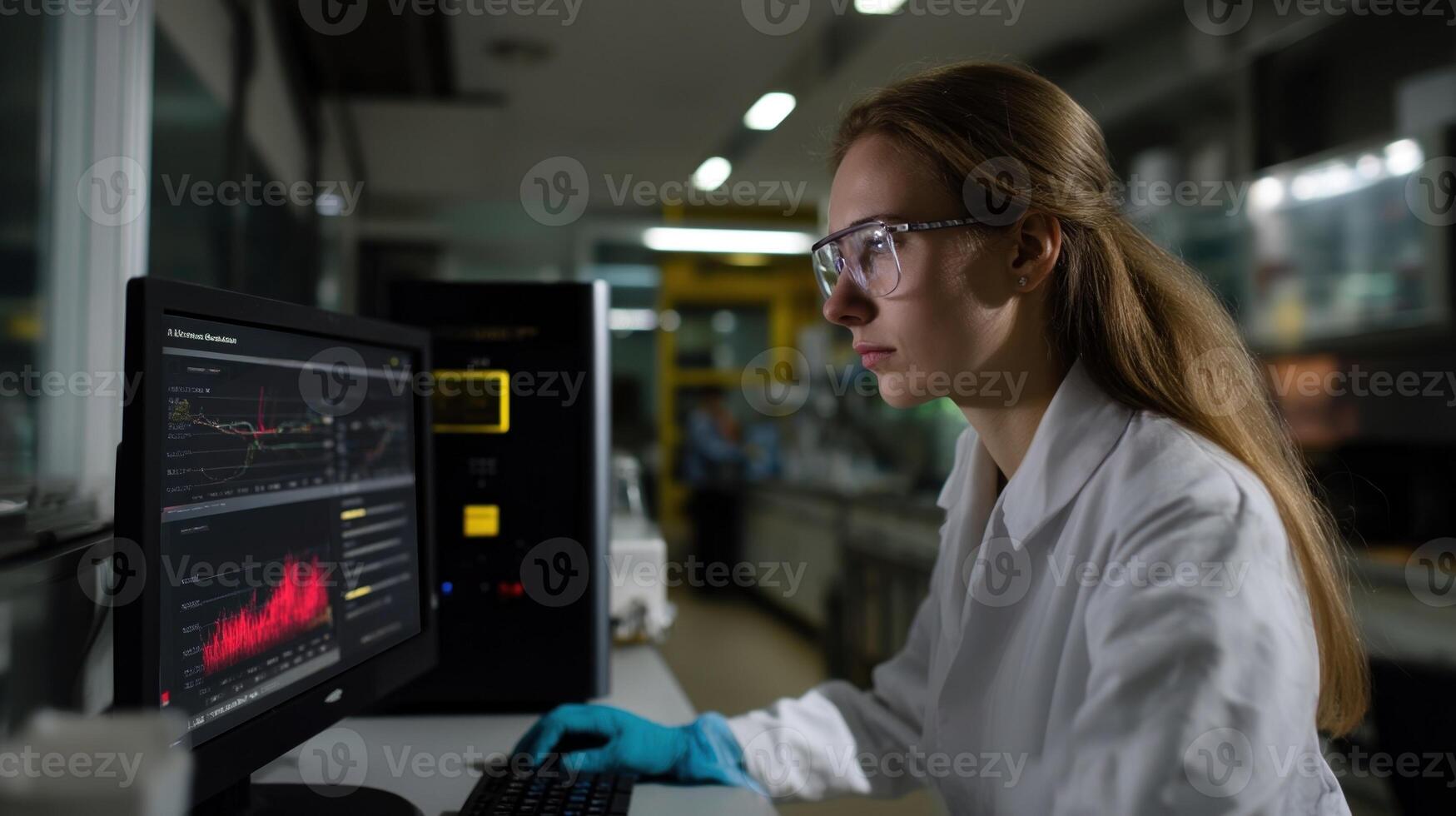 A laboratory setting with a researcher examining data on a computer screen illustrating the innovative technology behind the glucosesensing patch and its implications for diabetes photo