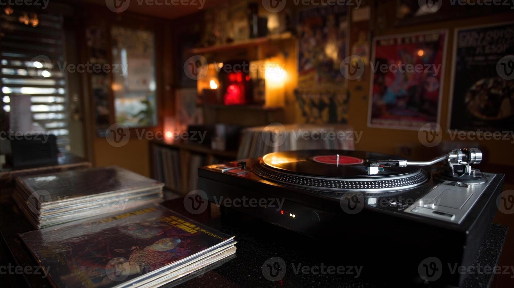 Turntable playing vinyl record in cozy retro room photo