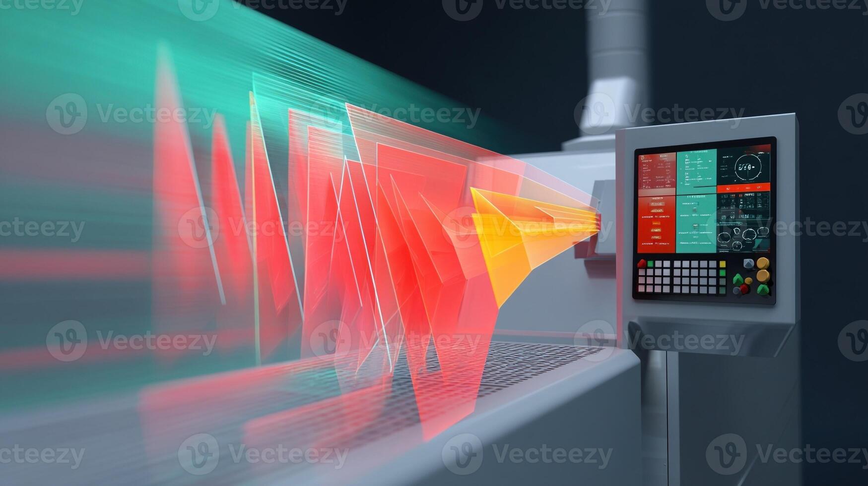 A dynamic image of a workstation featuring a CNC panel with AR overlays that simulate realtime feedback showing metrics like speed feed rate and expected outcomes for rookie operators photo