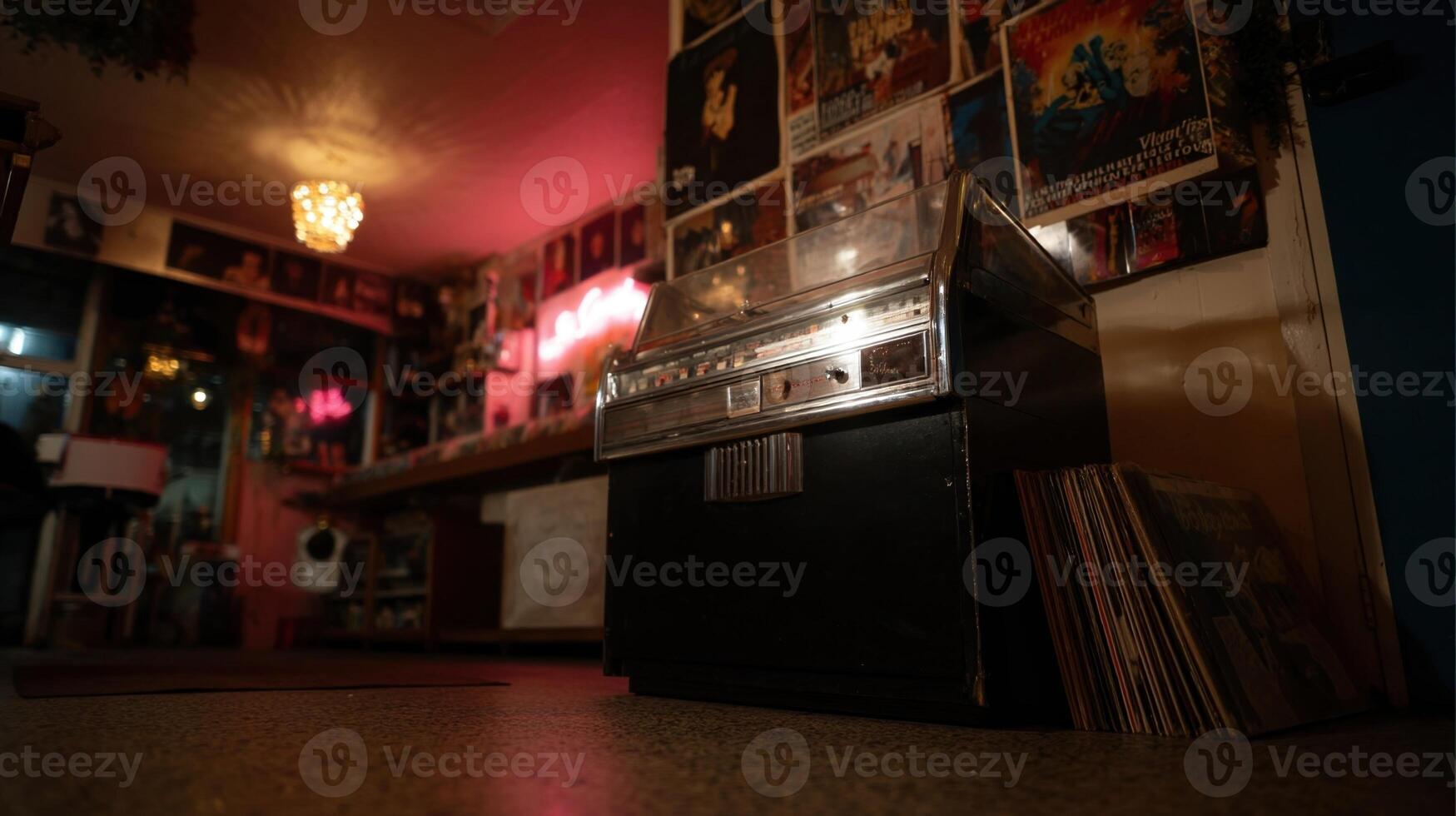Surrounded by eclectic decor the machine stands like a forgotten artifact its metallic finish reflecting vintage posters on the walls. Beside it a stack of vinyl records waits eagerl photo