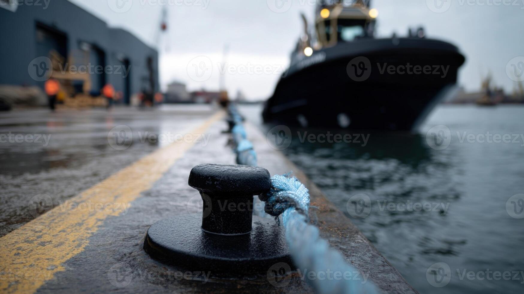 A tugboat in action pulling away from a smart quay bollard with focus on the dynamic tension in the mooring lines illustrating the critical role of predictive maintenance in dock photo