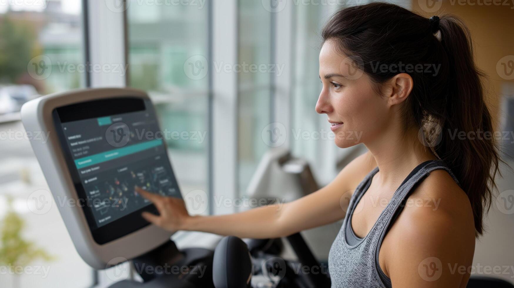 A user interacts with a touchscreen panel on a cardio machine seamlessly syncing their workout data to the cloud for personalized resistance adjustments during their session photo
