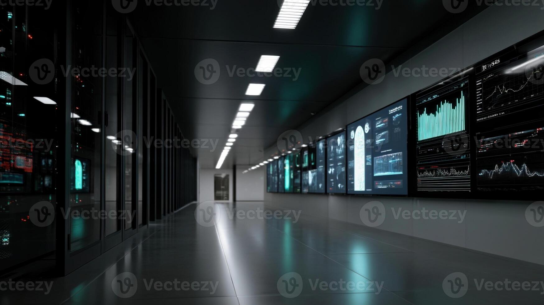 A futuristic data center with virtual screens displaying realtime analytics of resource utilization across hybridcloud s emphasizing the efficiency of crossvendor management photo