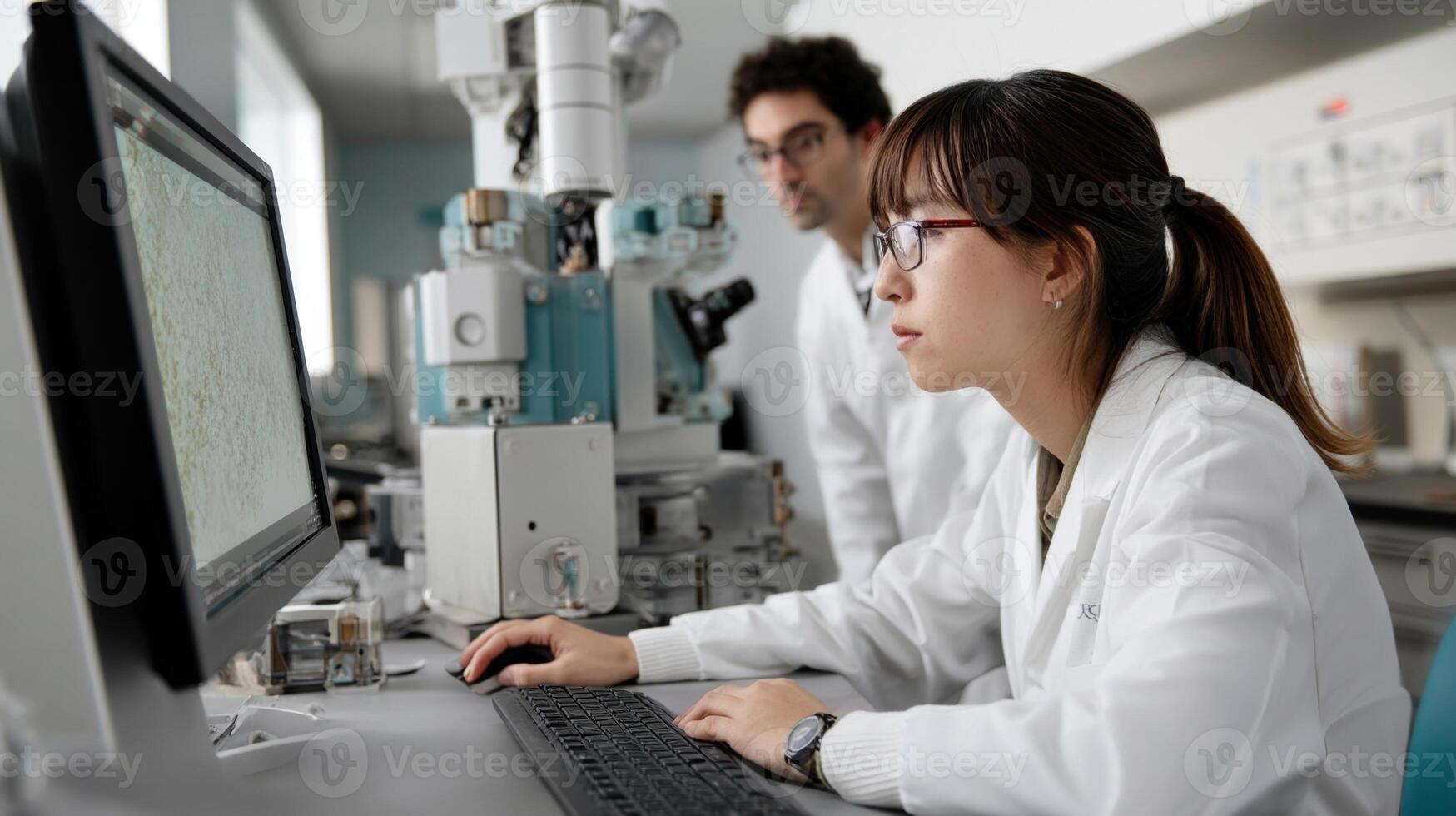 A dynamic laboratory scene where technicians utilize AIguided equipment to operate a cryoFIB milling machine emphasizing collaboration and innovation in the field of protein photo