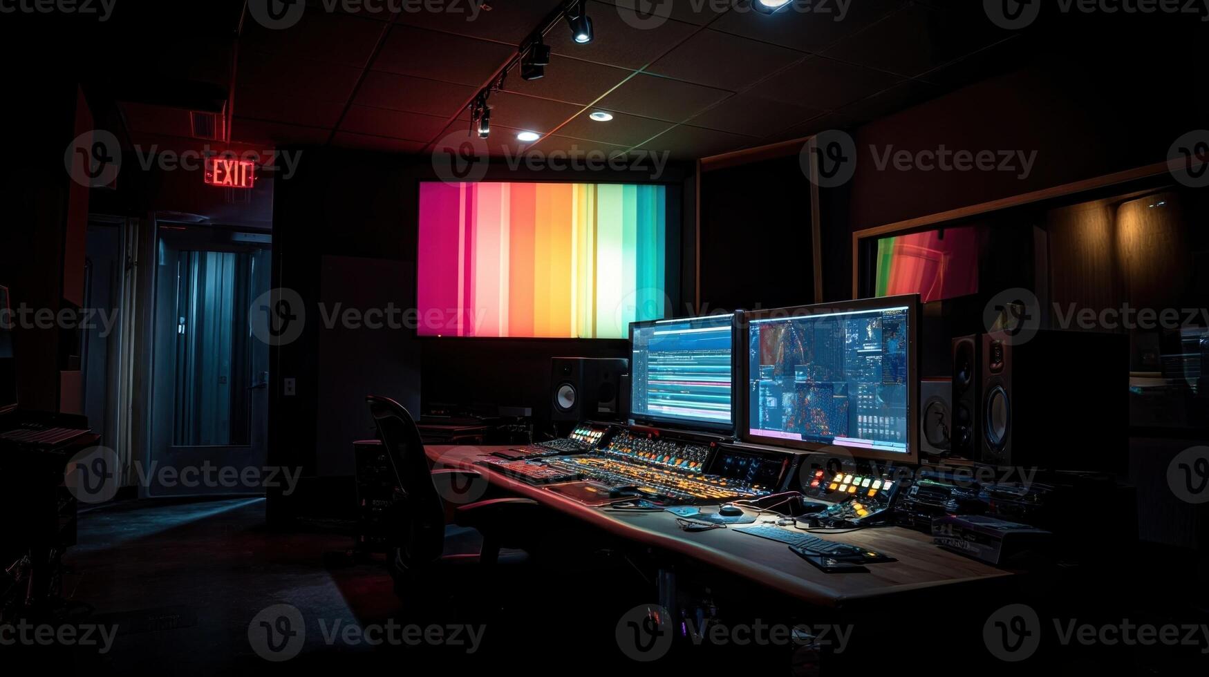 Underneath glowing led panels vibrant visuals synchronize with entrancing beats. Flickering lights pulse in synchronicity casting playful shadows across studio walls. Creators huddl photo