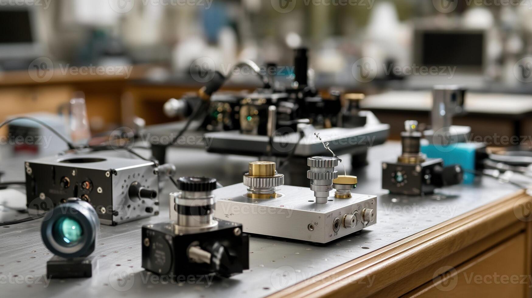 The intricate components of an optical tweezers device including lenses mirrors and fiber optics are meticulously arranged on a lab bench demonstrating the complexity of the equipmen photo