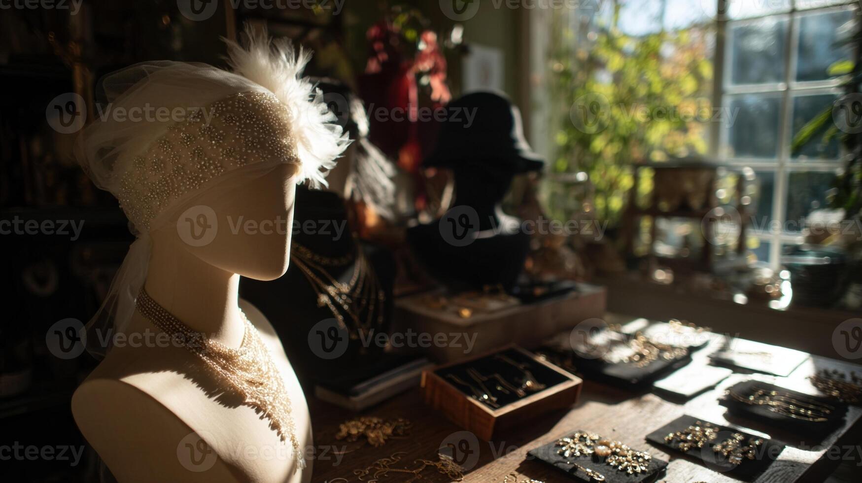 In a sunlit corner a collection of hats crowns a mini mannequin each one a unique statement. Tulle skirts dance gently in the light their sparkling embellishments gleaming. Nearby photo