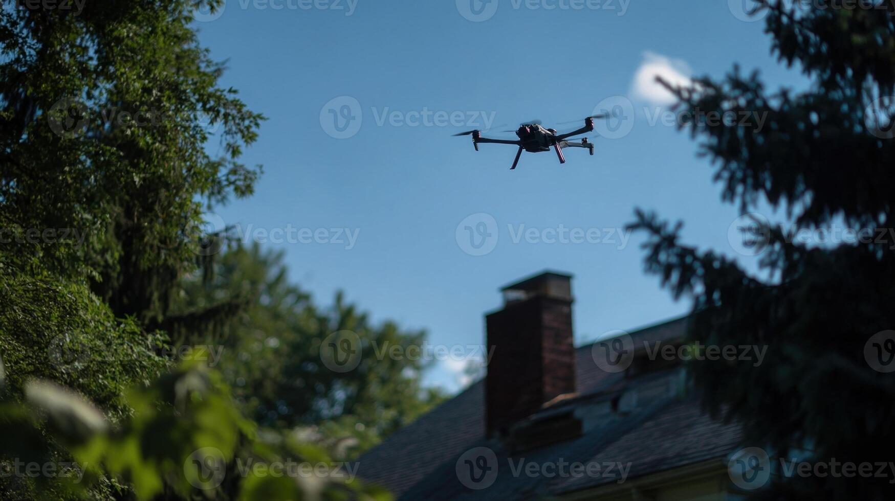 An AGIdriven surveillance drone captures realtime data as it glides across an estate dynamically adjusting its flight path to honor the boundaries of marked privacy zones promotin photo