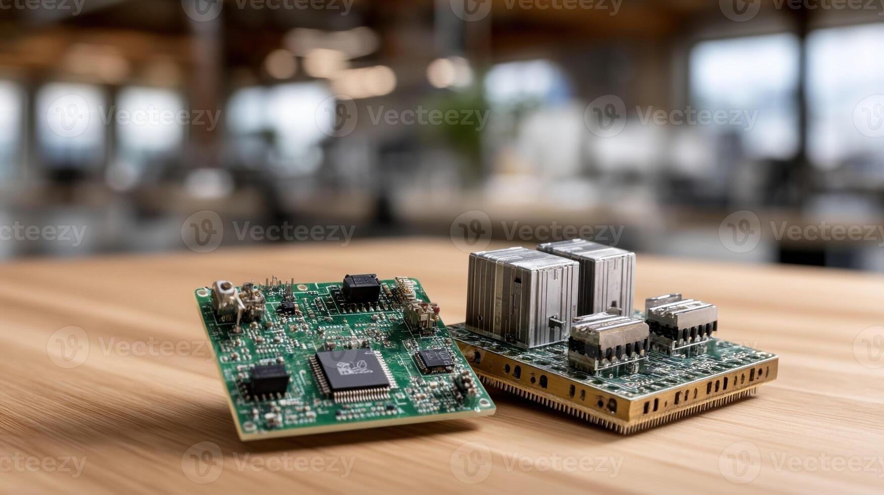 A sidebyside comparison of two miniature platforms each hosting unique AIspecific accelerators juxtaposed against a backdrop that emphasizes their size and efficiency in performin photo