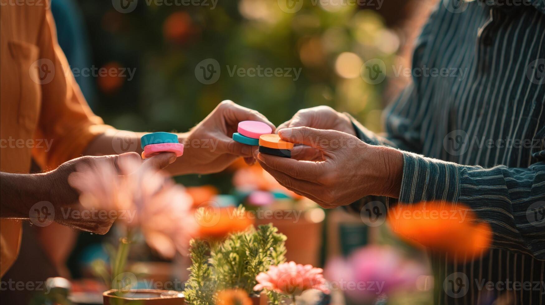 In a sunlit garden artisans gather each holding unique tokens crafted from vibrant clay. They trade tokens amidst blooming flowers laughter ringing as hands exchange creations. Scente photo