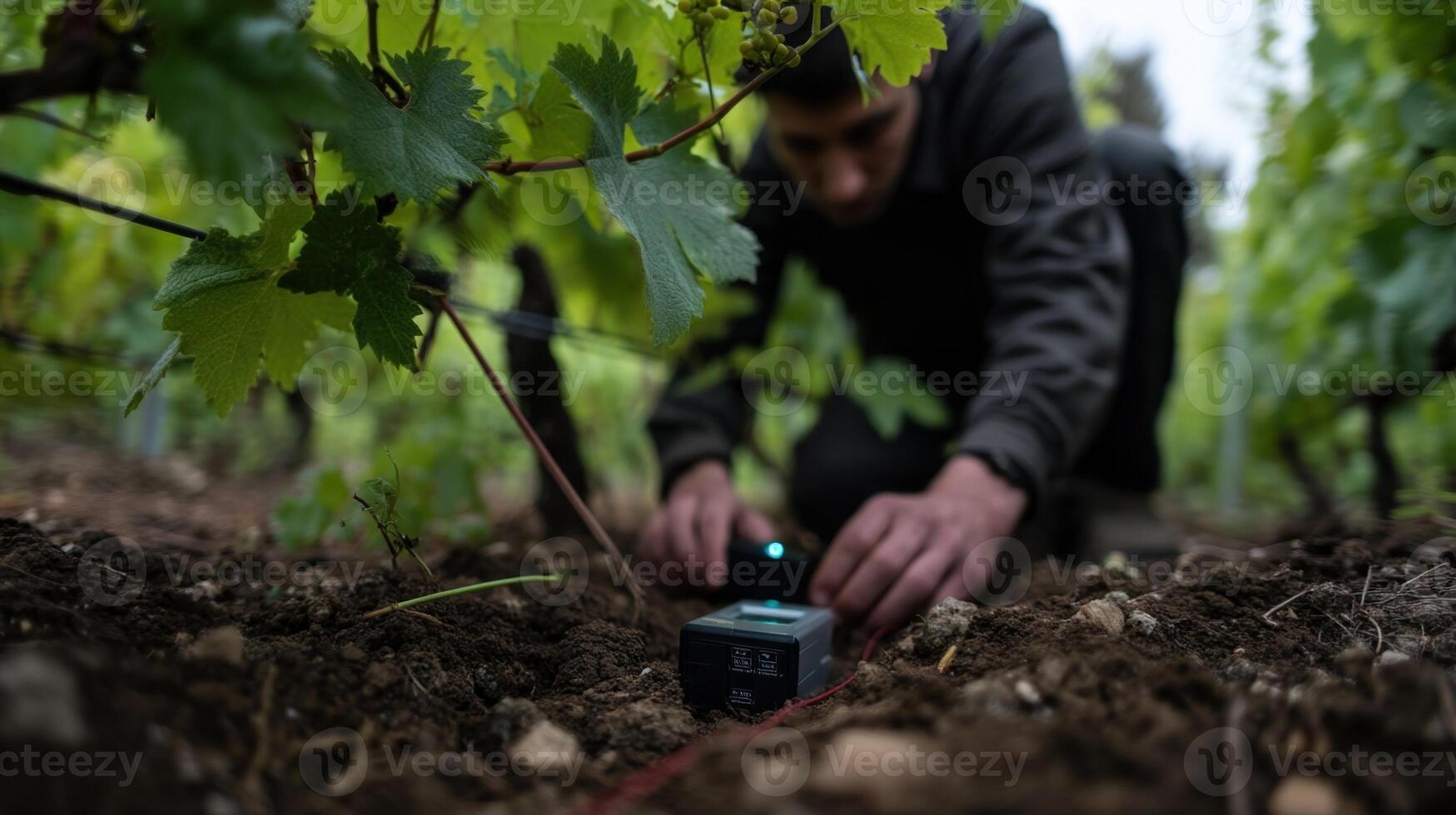 A technician calibrating a microclimate sensor embedded in rich soil surrounded by lush green grapevines highlighting the human interaction with advanced agricultural technology photo