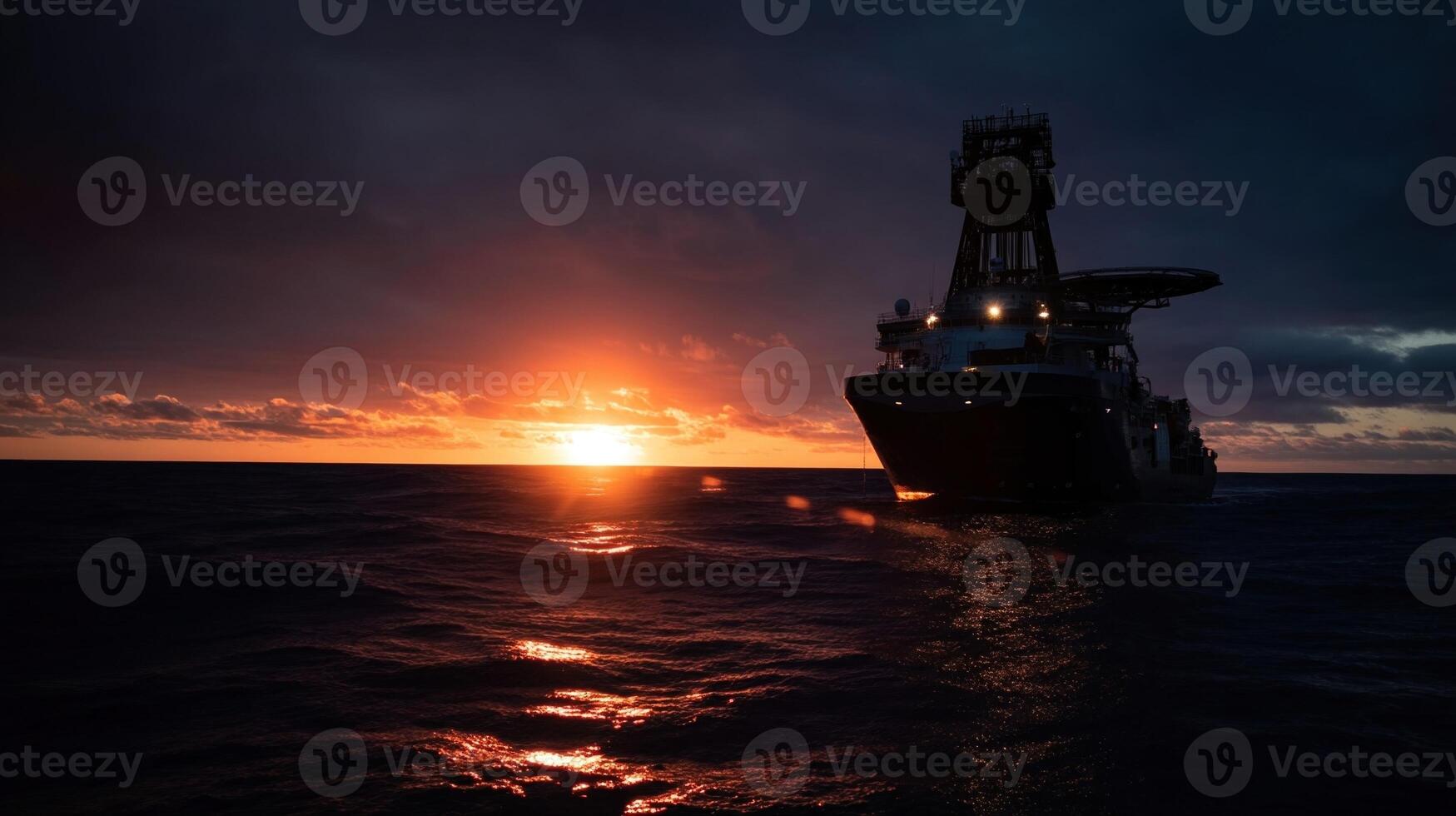 The drilling vessel at sunset silhouetted against a vibrant sky with the core retrieval process creating turbulence in the calm ocean emphasizing the vessels role in climate research photo