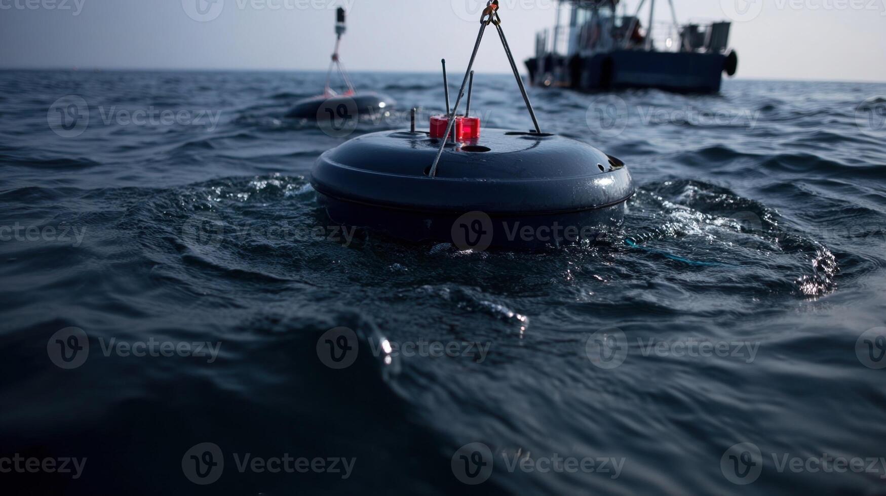 A closeup view of a buoy anchored in the open sea featuring antennas and sensors with dark water surrounding it symbolizing vigilance against hidden threats beneath the surface photo