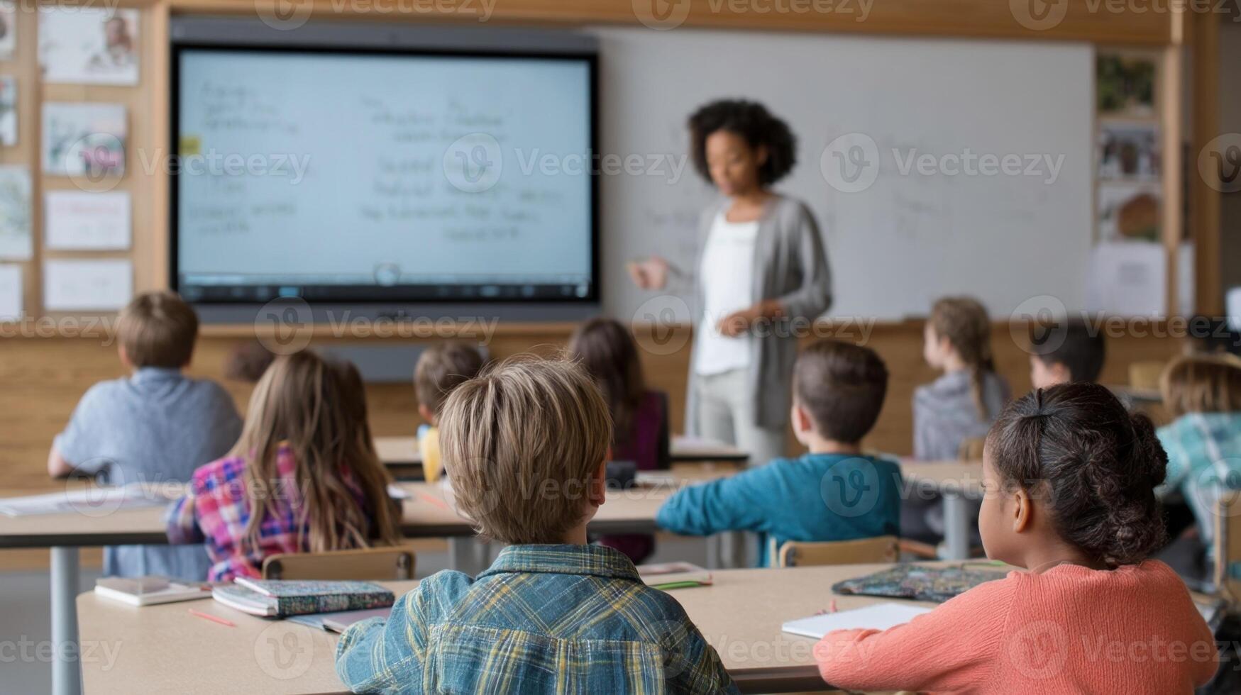 An interactive classroom setting with students using digital screens to engage with an AI handwriting coach where visual prompts and interactive feedback tailored to each students writin photo