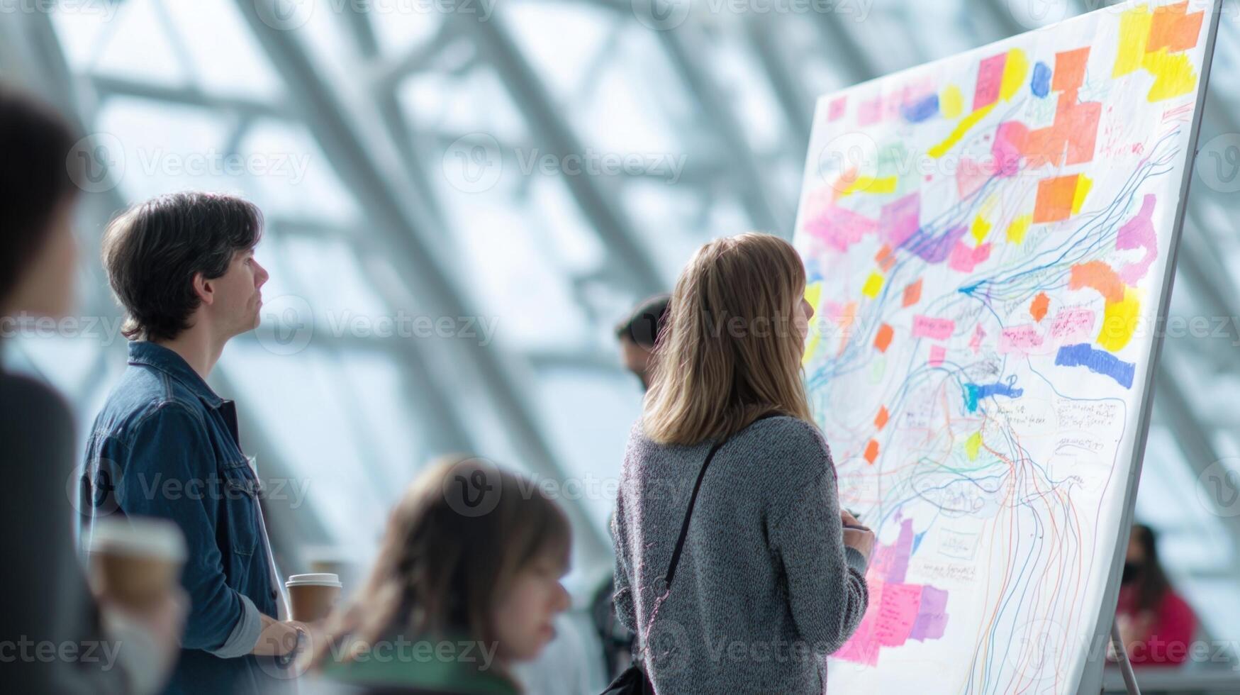Beneath a towering glass structure a brainstorming session unfolds. Whiteboards are filled with vibrant sketches and insightful notes diagrams illustrating neural pathways. Participant photo