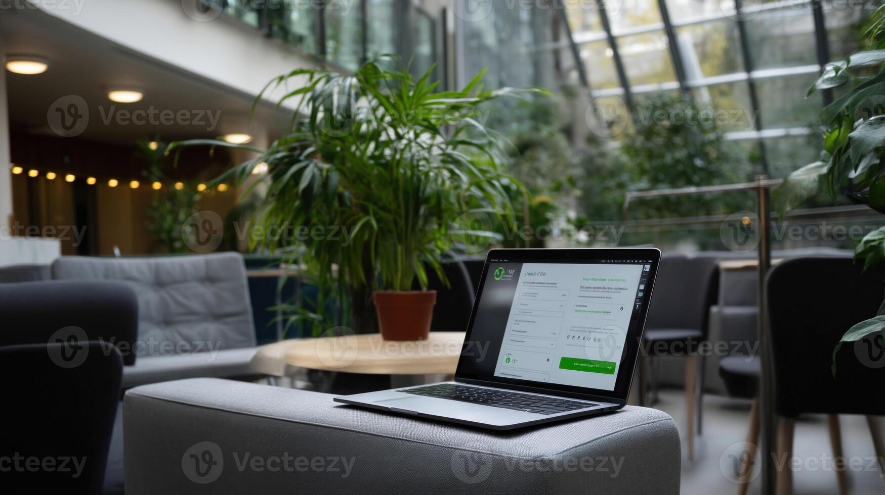 Closeup of the AI symptomcheckers interface displaying a simple questionnaire about health symptoms surrounded by soft seating areas and potted plants in a vibrant corporate environment photo
