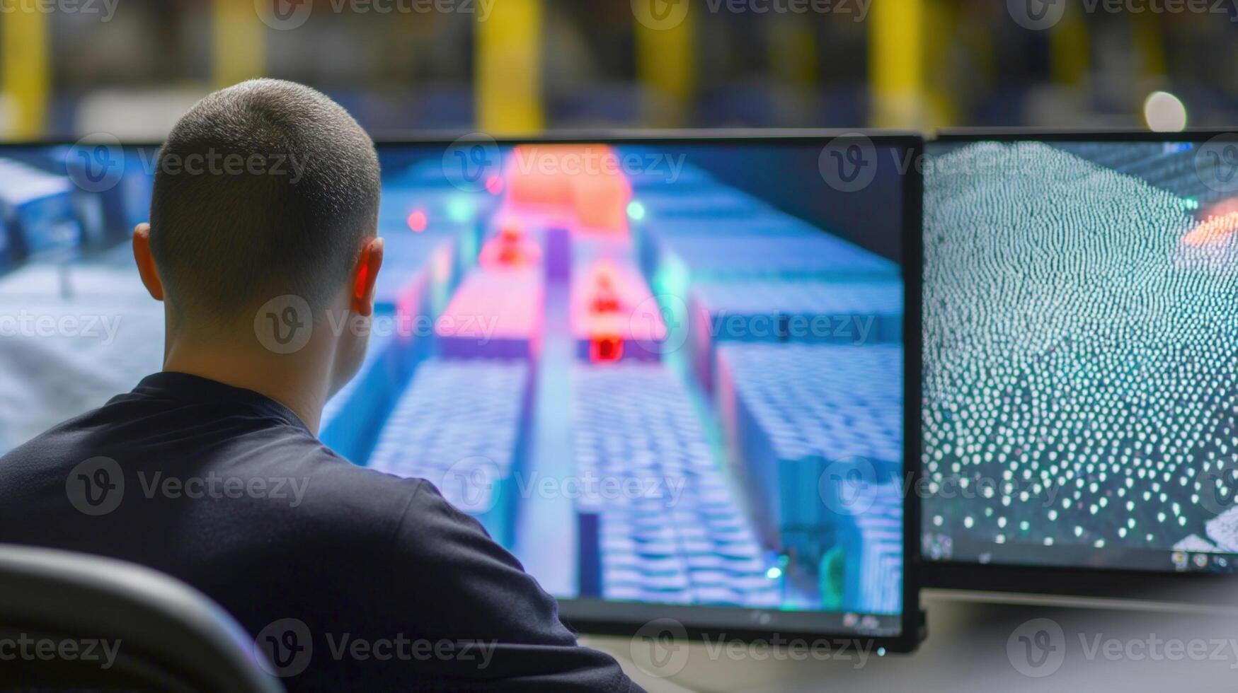 A technician monitoring a large screen displaying realtime inventory data collected by a swarm of drones operating in the warehouse with the chaotic movement of drones visible throug photo