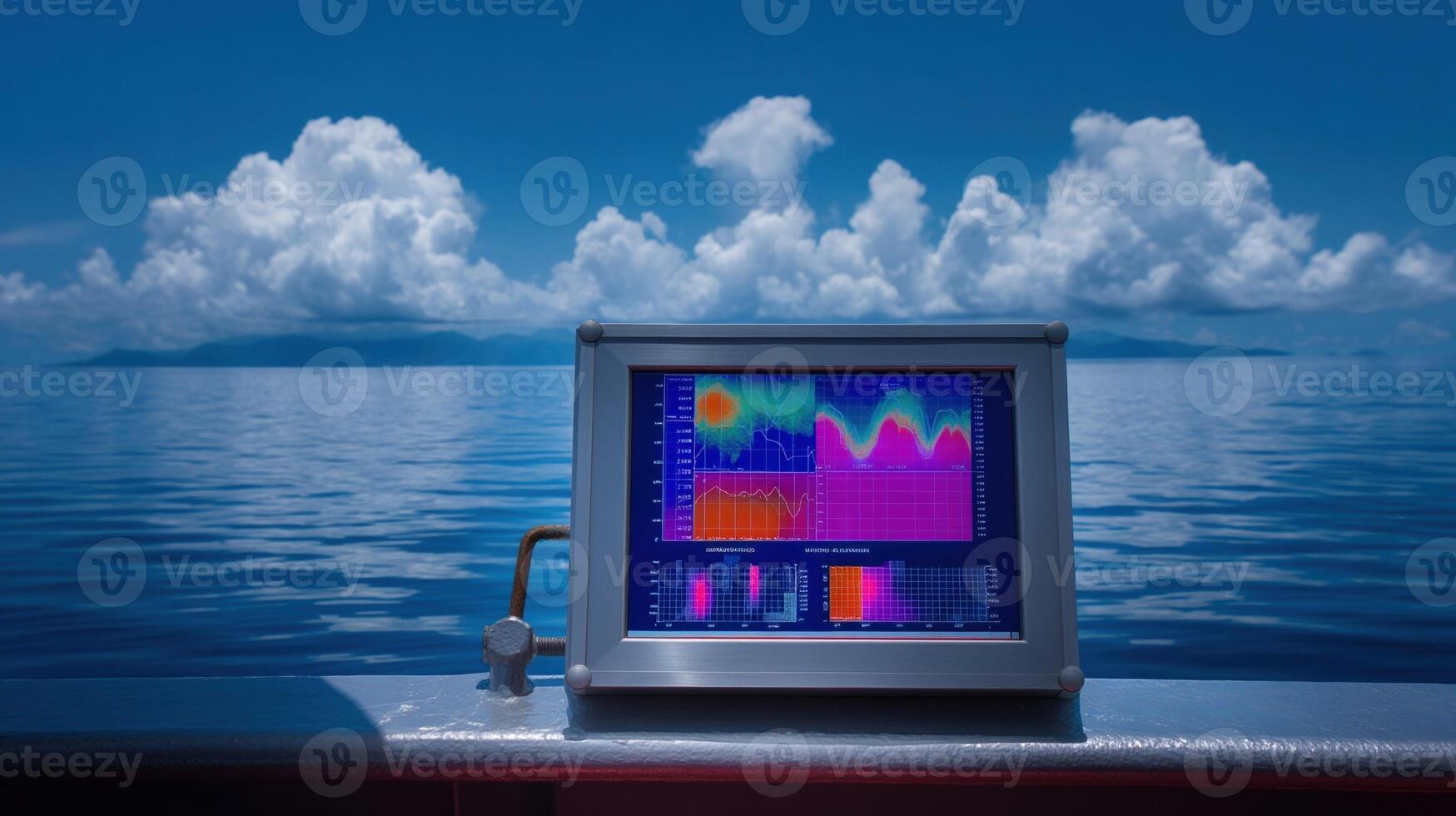 A digital display board on a research vessel monitoring data streamed from underwater buoys detailing coral bleaching events and changes in pH levels with an oceanic horizon in th photo