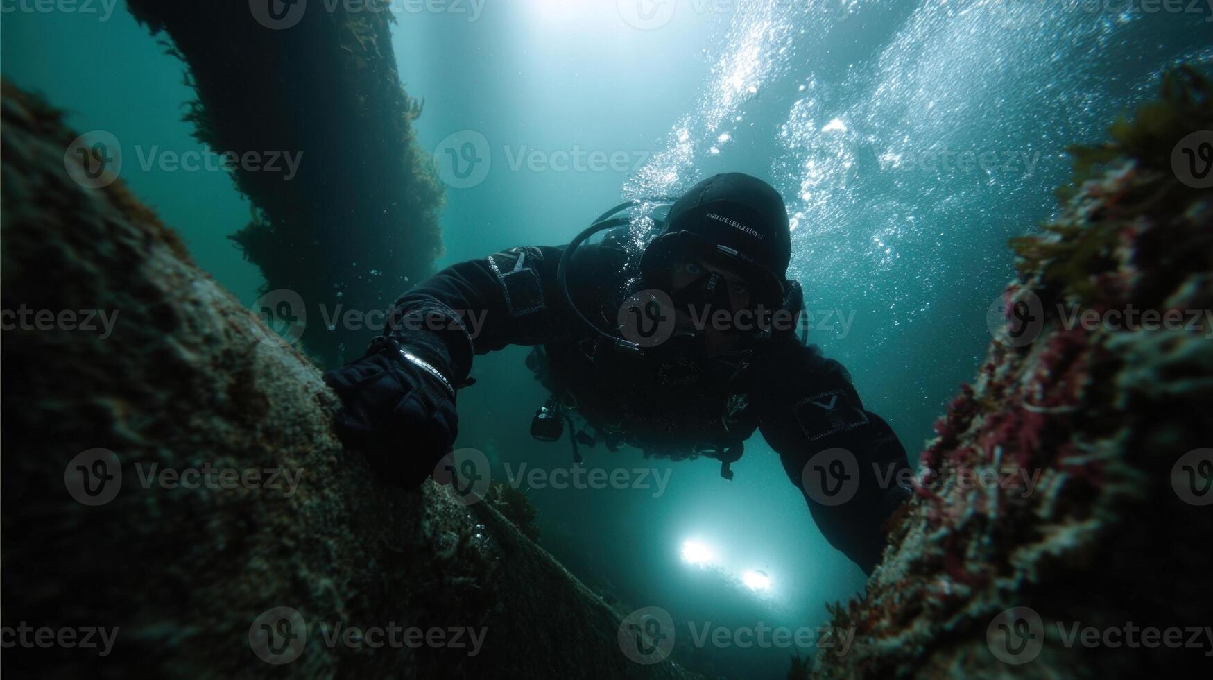 Professional diver exploring underwater shipwreck remains in deep sea photo
