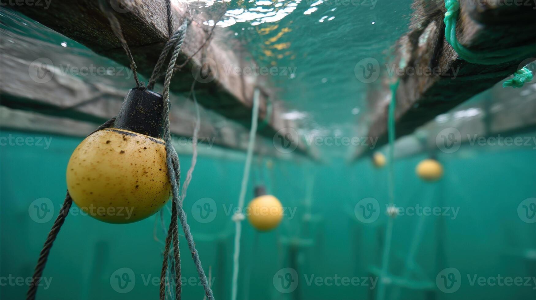 An underwater shot revealing a buoys anchor system highlighting the technology used to maintain stable positioning while optimizing oxygen distribution in the fish farm photo