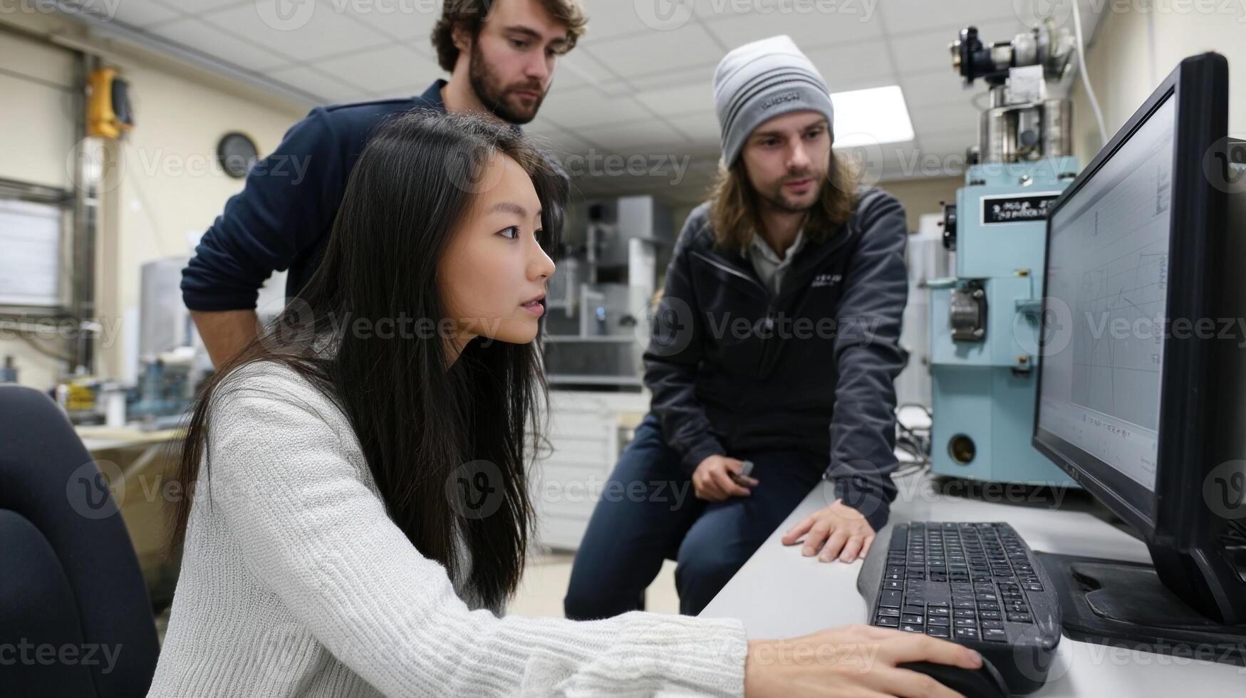 Engineers gathered around a computer monitor analyzing data collected from stress tests on aerospace composites with the lightning generator visible in the background photo