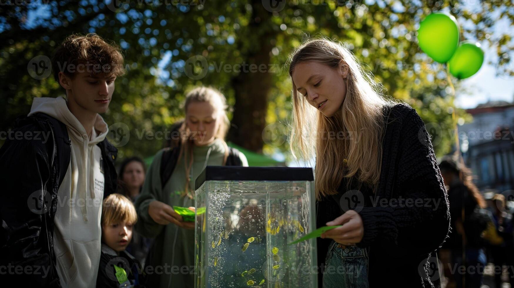 Around a sunlit park activists gather and distribute leaflets promoting environmental awareness. Nearby a playful demonstration shows the efficacy of the enzyme technology in actio photo