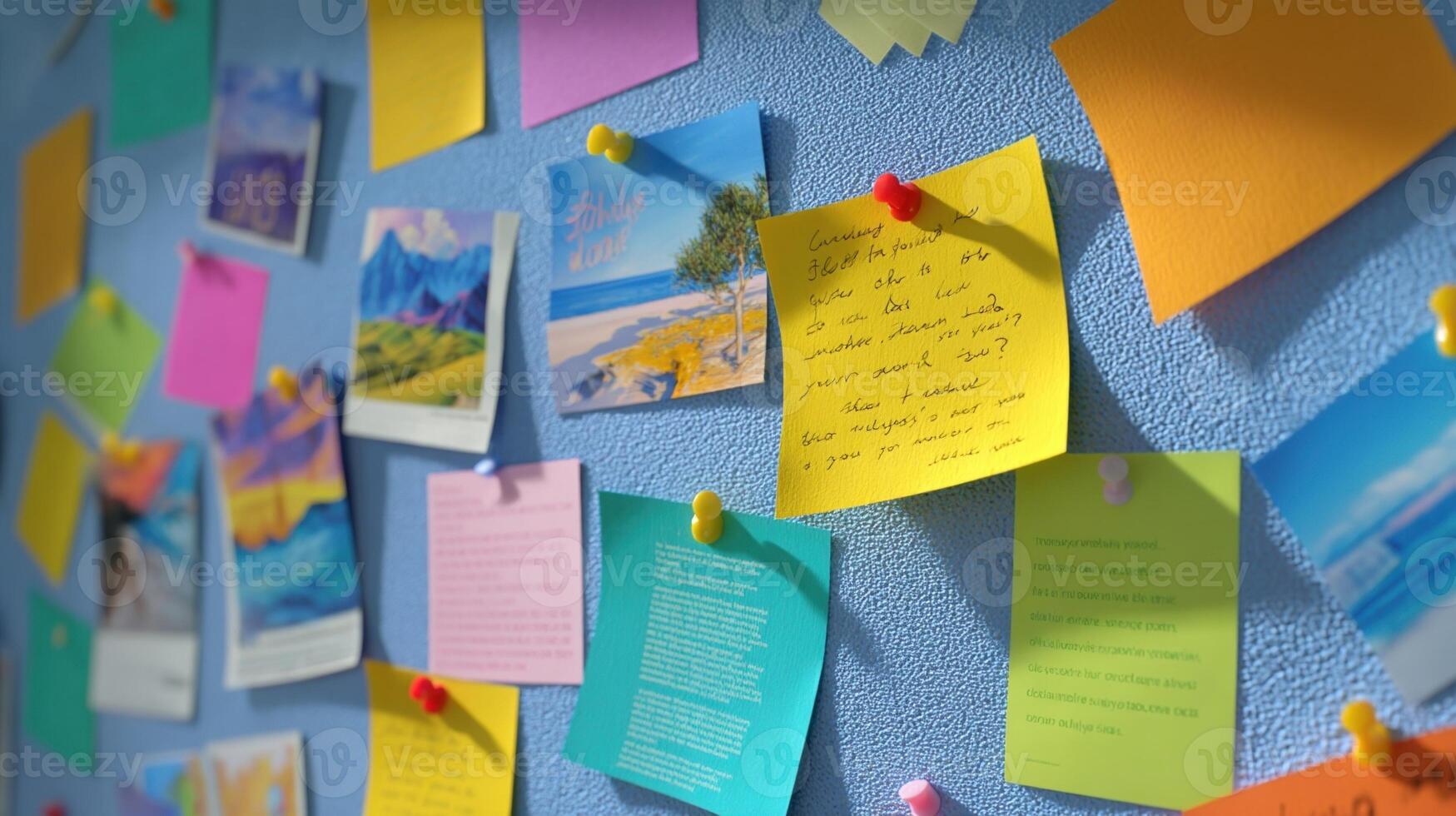 Colorful notes, photos, and letters pinned to a bulletin board photo