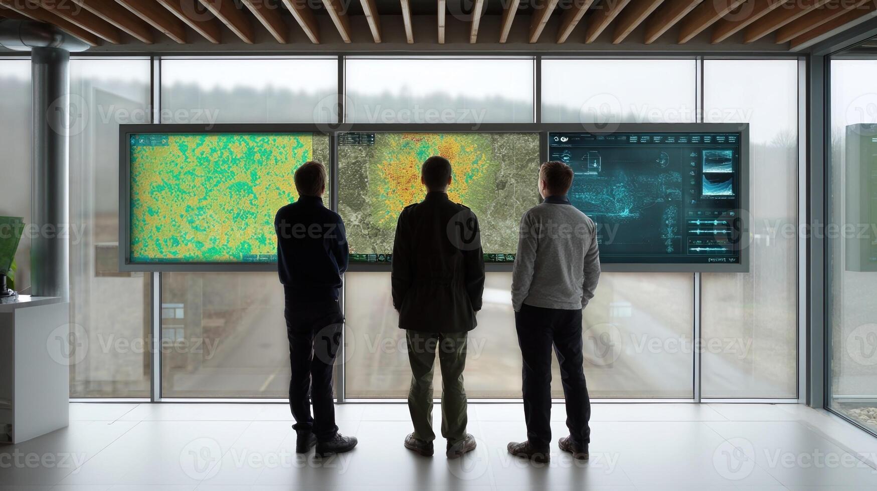 Groundlevel perspective of a security team observing the results from an AIdriven perimeter balloon with digital screens displaying detailed heat maps of the surrounding environment photo